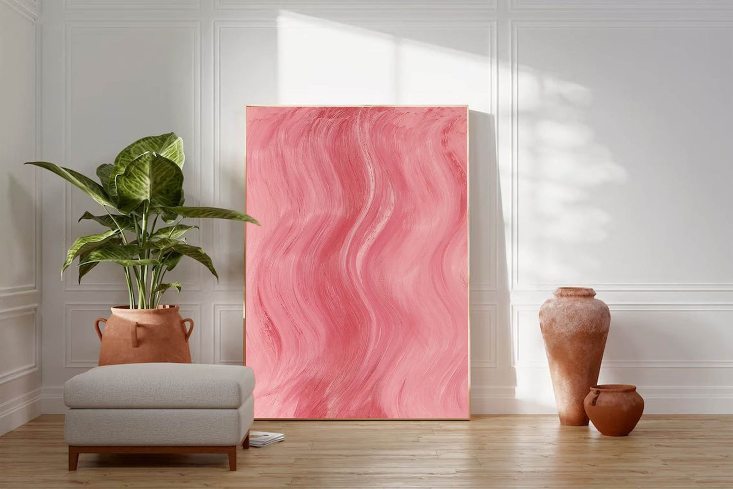 Abstract Pink Waves - Modern Minimalist Oil Painting for Elegant Home Décor