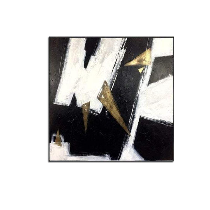 Abstract Modern Oil Painting with Gold Accents and Dynamic Black and White Patterns