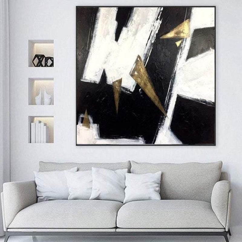 Abstract Modern Oil Painting with Gold Accents and Dynamic Black and White Patterns