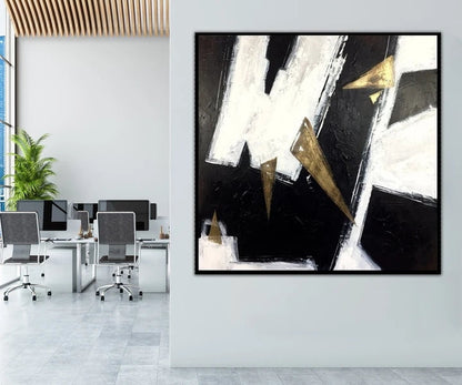 Abstract Modern Oil Painting with Gold Accents and Dynamic Black and White Patterns