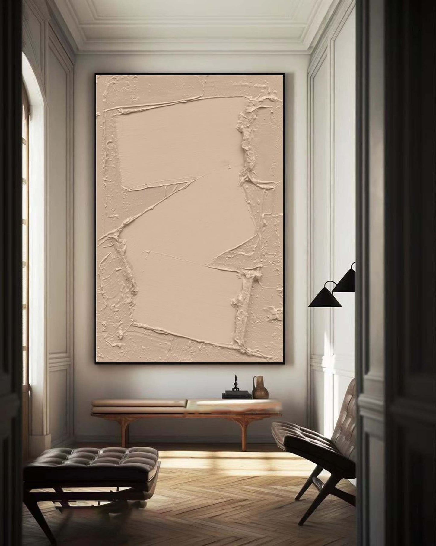 Neutral Beige and Brown Abstract Oil Painting for Modern Decor