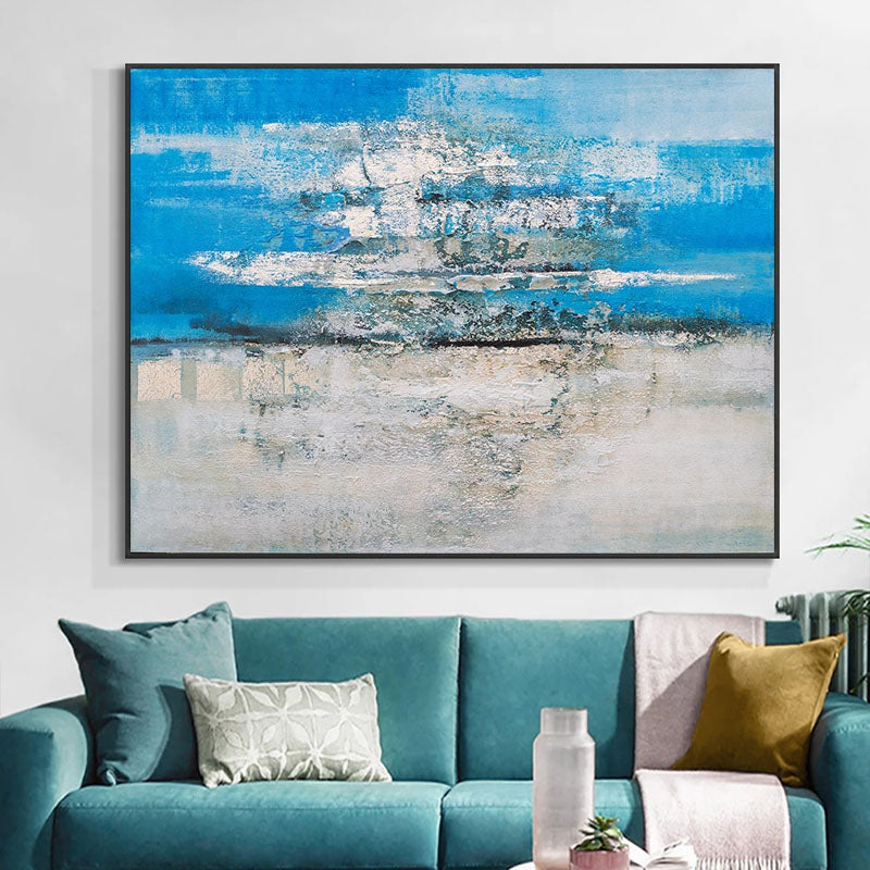 Serene Coastal Abstract Oil Painting in Blue and White for Modern Home Decor