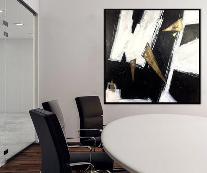 Abstract Modern Oil Painting with Gold Accents and Dynamic Black and White Patterns