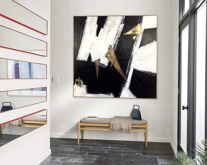 Abstract Modern Oil Painting with Gold Accents and Dynamic Black and White Patterns