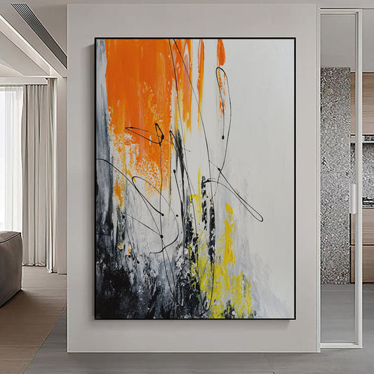 Vibrant Abstract Oil Painting with Bold Orange and Yellow Accents