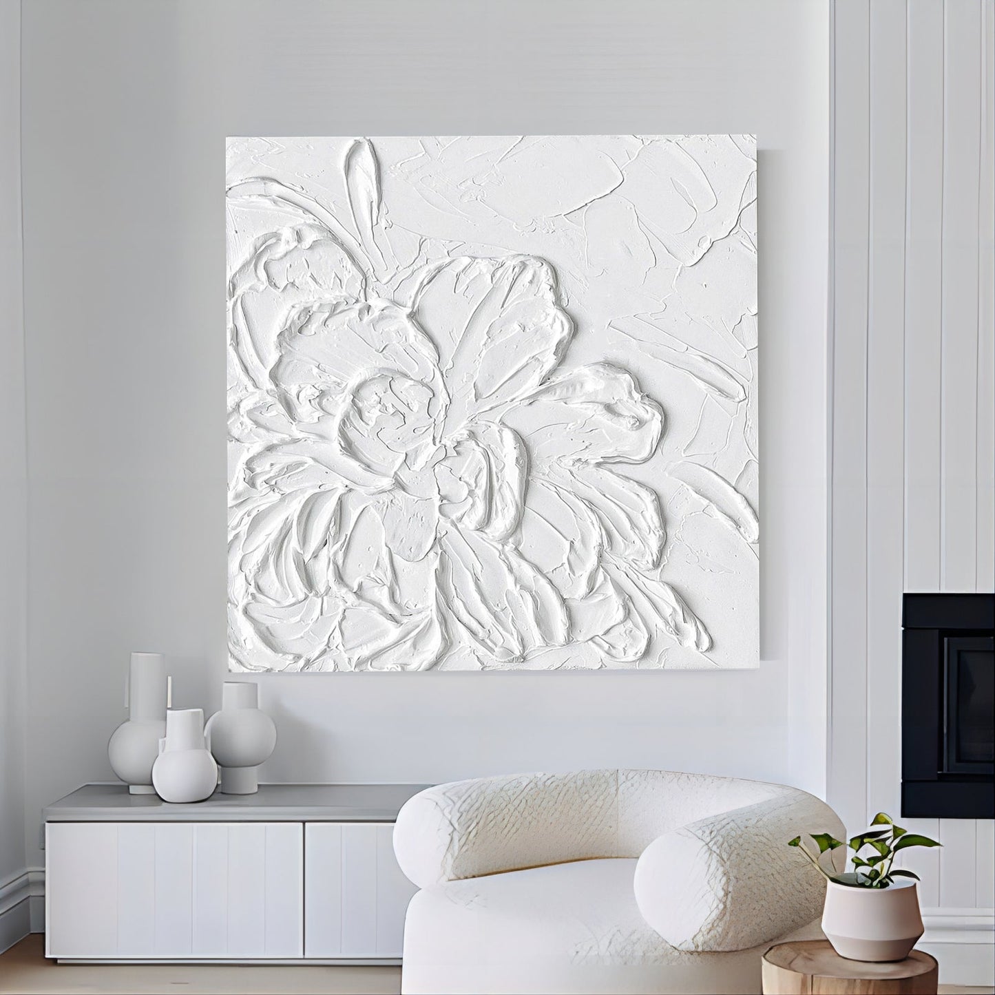 Textured White Floral Oil Painting – Modern Abstract Artwork for Home Decor