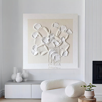 Textured White Floral Abstract Oil Painting for Modern Home Decor