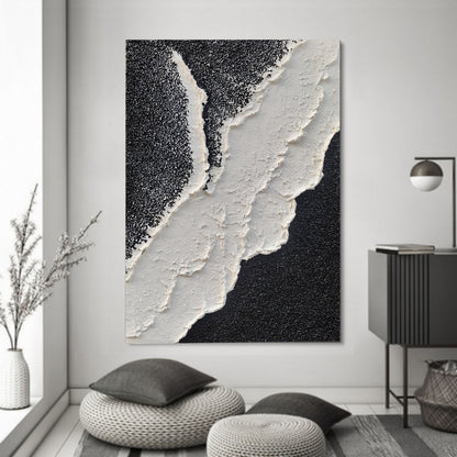 Modern Abstract Ocean Wave Oil Painting in Black and White Textures