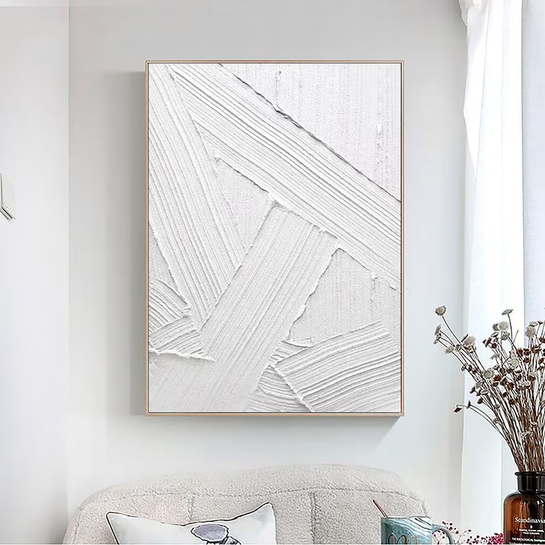 Textured White Abstract Oil Painting for Modern Minimalist Home Decor