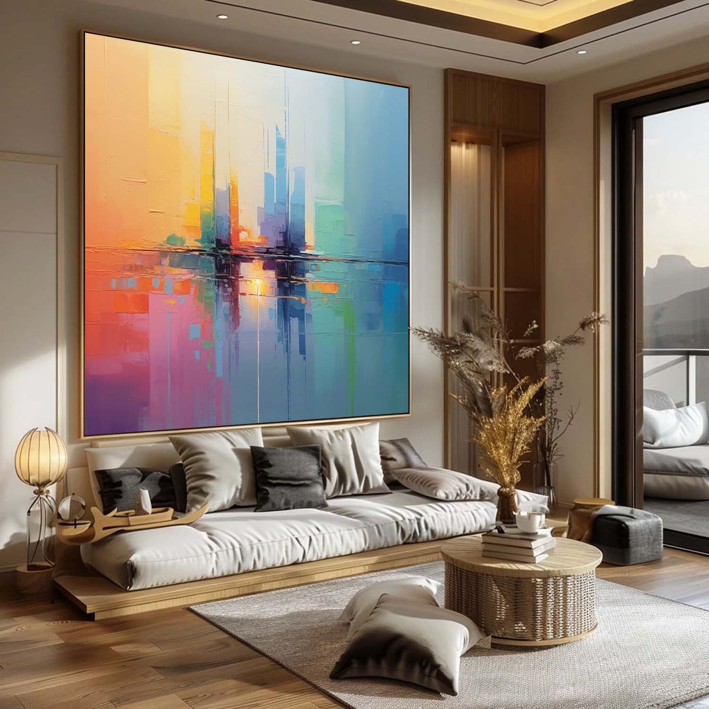 Vibrant Cityscape Reflection in Abstract Oil Painting for Modern Home Decor