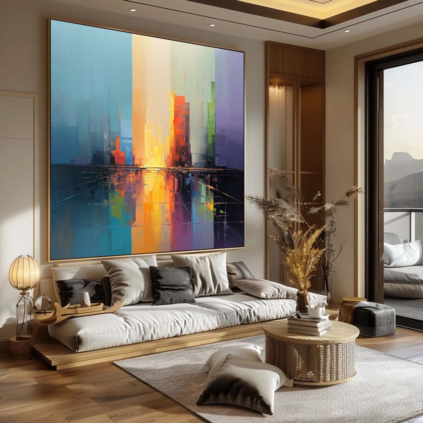 Vibrant Cityscape Oil Painting with Reflective Colors and Modern Abstract Style