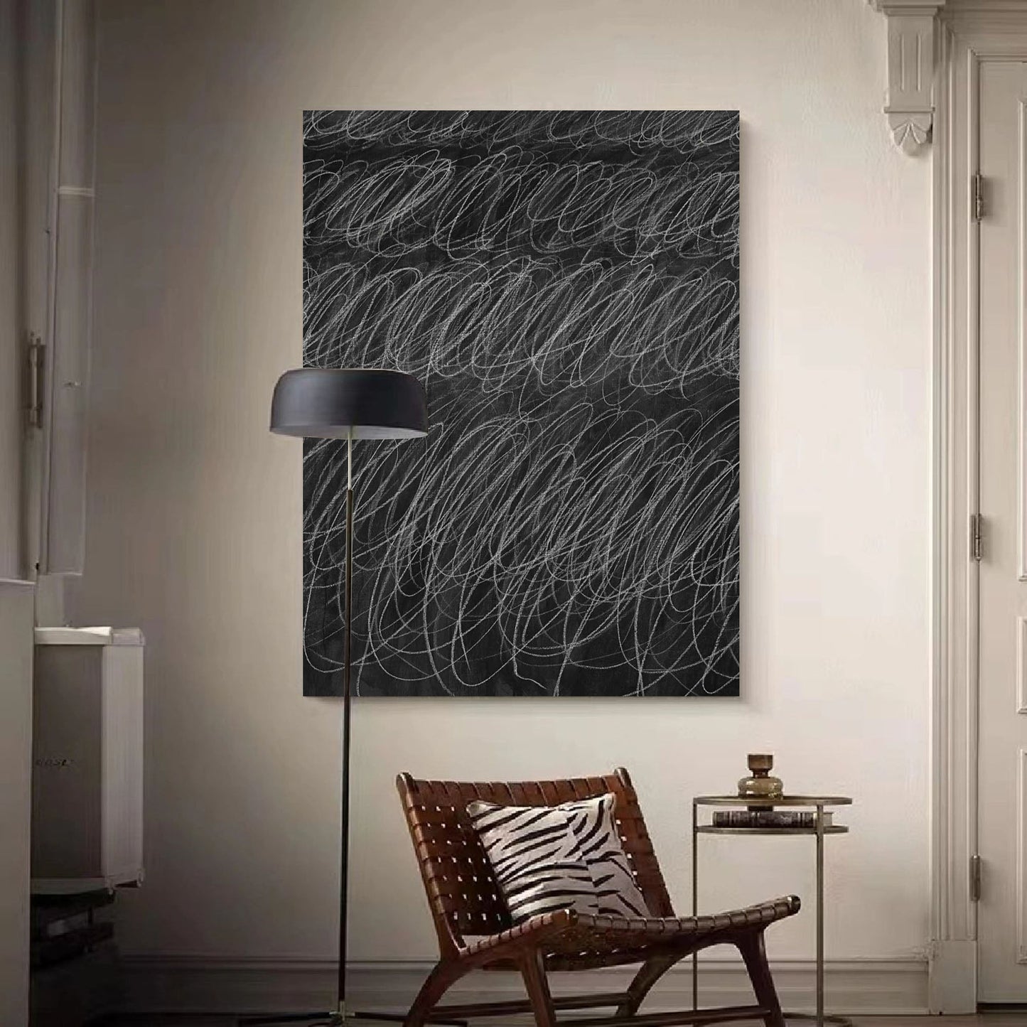 Abstract Minimalist Black and White Line Art Oil Painting for Modern Decor