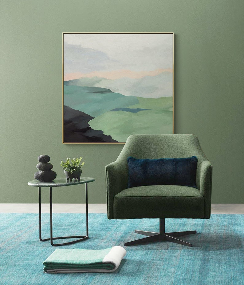 Serene Green Hillside Landscape Oil Painting for Modern Home Decor