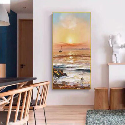 Serene Sunset Over Gentle Waves: Coastal Oil Painting for Home Decor