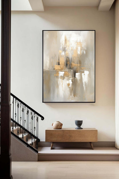 Elegant Grey and Gold Minimalist Oil Painting for Modern Home Decor