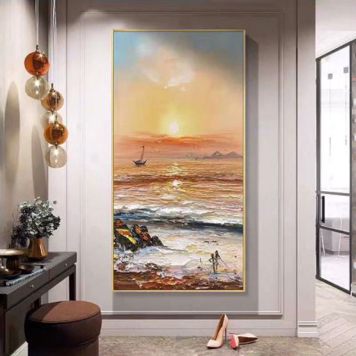 Serene Sunset Over Gentle Waves: Coastal Oil Painting for Home Decor