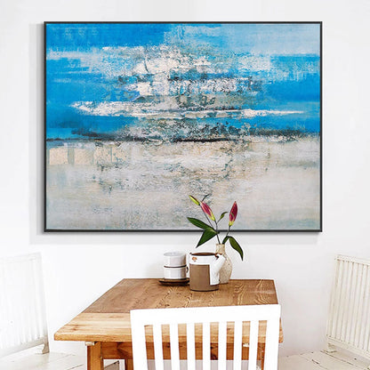 Serene Coastal Abstract Oil Painting in Blue and White for Modern Home Decor