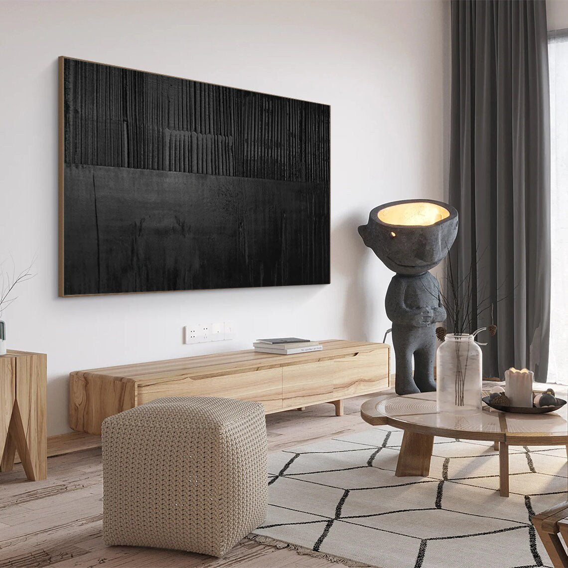 Elegant Black Minimalist Abstract Oil Painting for Modern Interiors