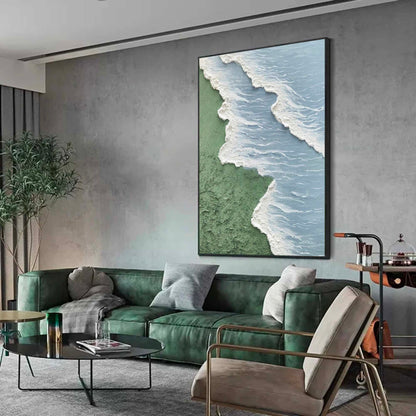 Serene Coastal Landscape Oil Painting – Minimalist Beach and Ocean Decor