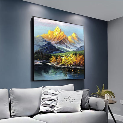 Majestic Mountain Landscape with Vibrant Autumn Colors in Oil Painting