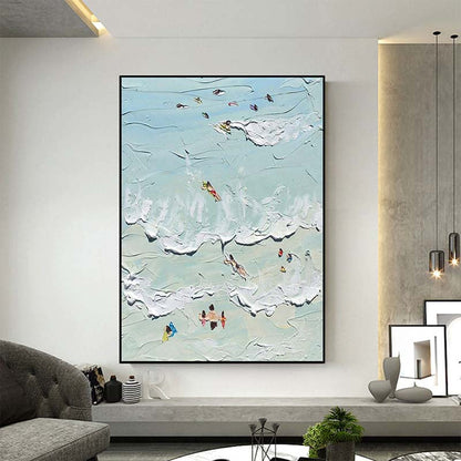 Vibrant Coastal Escape: Serene Oil Painting of Beach Goers and Waves