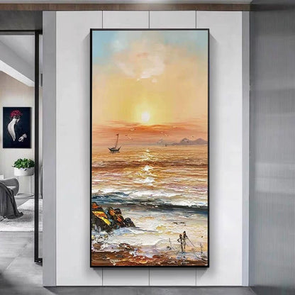 Serene Sunset Over Gentle Waves: Coastal Oil Painting for Home Decor