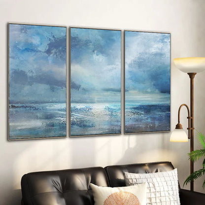 Serene Ocean Horizon: Stunning Blue Abstract Oil Triptych for Modern Decor