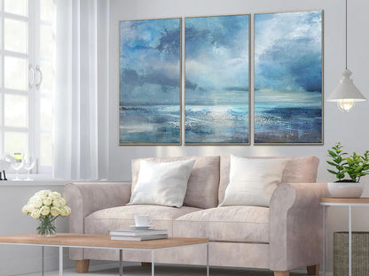 Serene Ocean Horizon: Stunning Blue Abstract Oil Triptych for Modern Decor