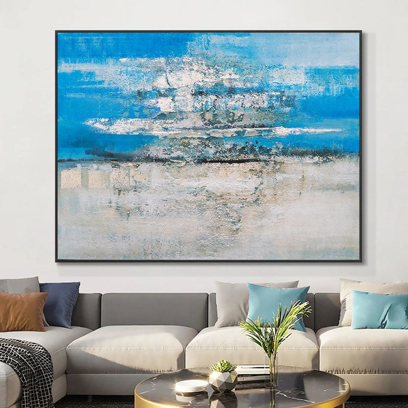 Serene Coastal Abstract Oil Painting in Blue and White for Modern Home Decor