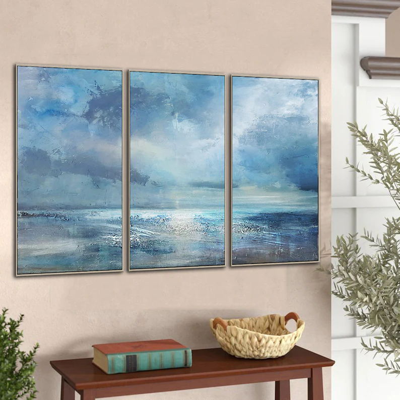 Serene Ocean Horizon: Stunning Blue Abstract Oil Triptych for Modern Decor