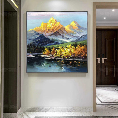 Majestic Mountain Landscape with Vibrant Autumn Colors in Oil Painting