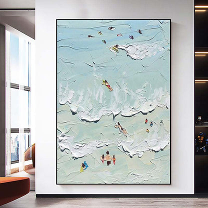 Vibrant Coastal Escape: Serene Oil Painting of Beach Goers and Waves