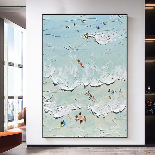 Vibrant Coastal Escape: Serene Oil Painting of Beach Goers and Waves