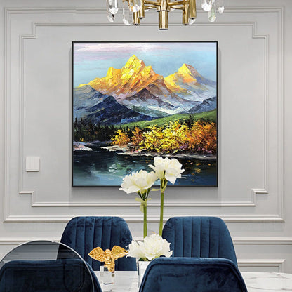 Majestic Mountain Landscape with Vibrant Autumn Colors in Oil Painting