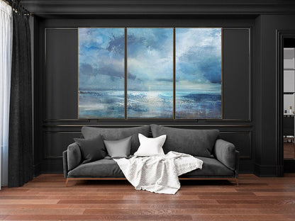 Serene Ocean Horizon: Stunning Blue Abstract Oil Triptych for Modern Decor