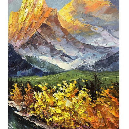 Majestic Mountain Landscape with Vibrant Autumn Colors in Oil Painting