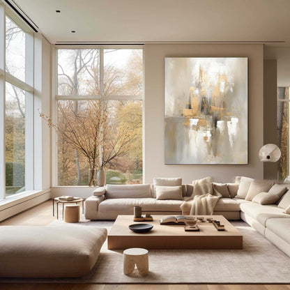 Elegant Grey and Gold Minimalist Oil Painting for Modern Home Decor