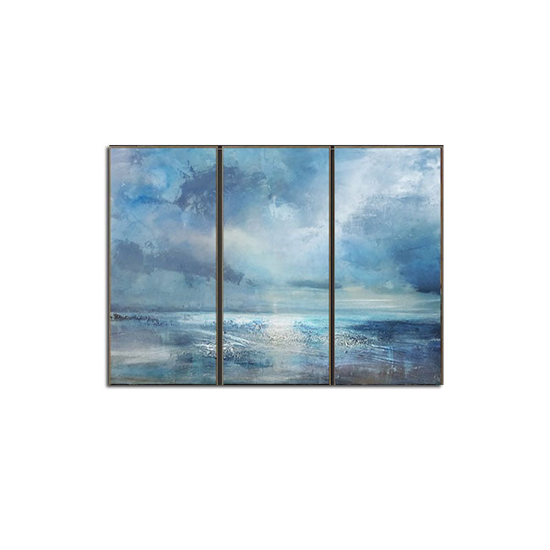 Serene Ocean Horizon: Stunning Blue Abstract Oil Triptych for Modern Decor