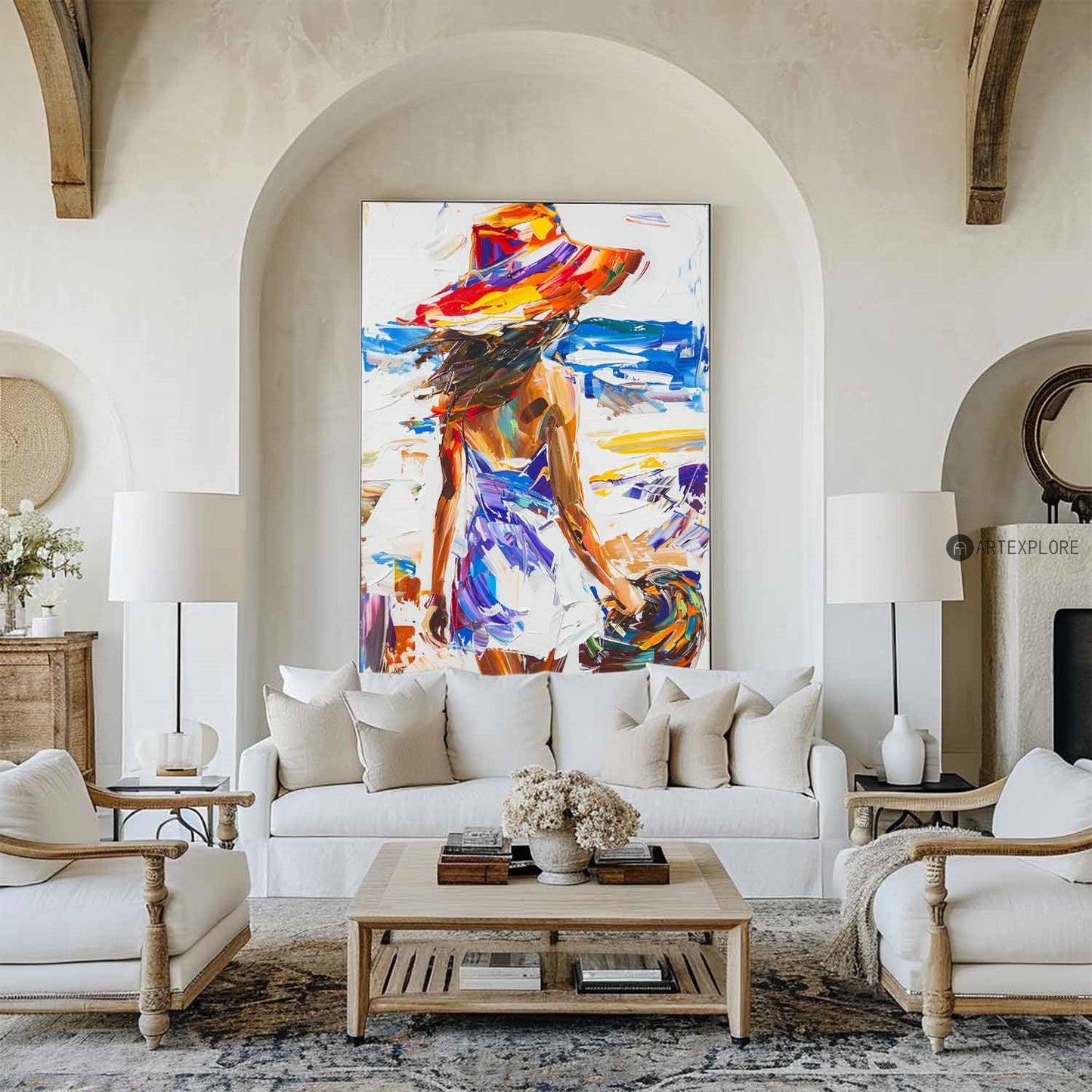 Vibrant Beach Escape: Modern Abstract Oil Painting of a Woman in a Sun Hat