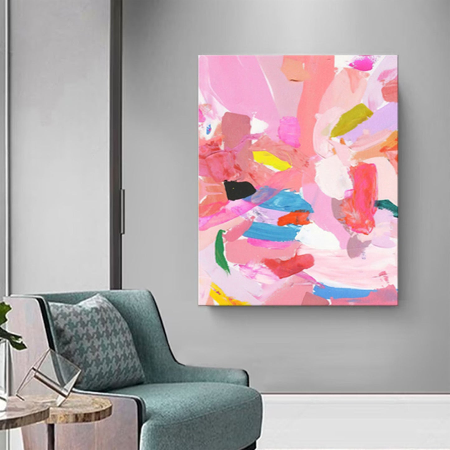 Vibrant Abstract Oil Painting in Pink and Colorful Brushstrokes for Modern Decor