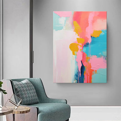 Vibrant Abstract Oil Painting in Pink, Blue, and Yellow for Modern Home Decor