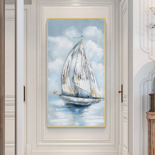 Elegant Sailboat on Tranquil Waters - Serene Coastal Oil Painting Decor
