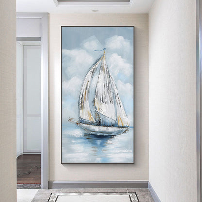 Elegant Sailboat on Tranquil Waters - Serene Coastal Oil Painting Decor
