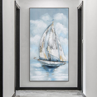 Elegant Sailboat on Tranquil Waters - Serene Coastal Oil Painting Decor
