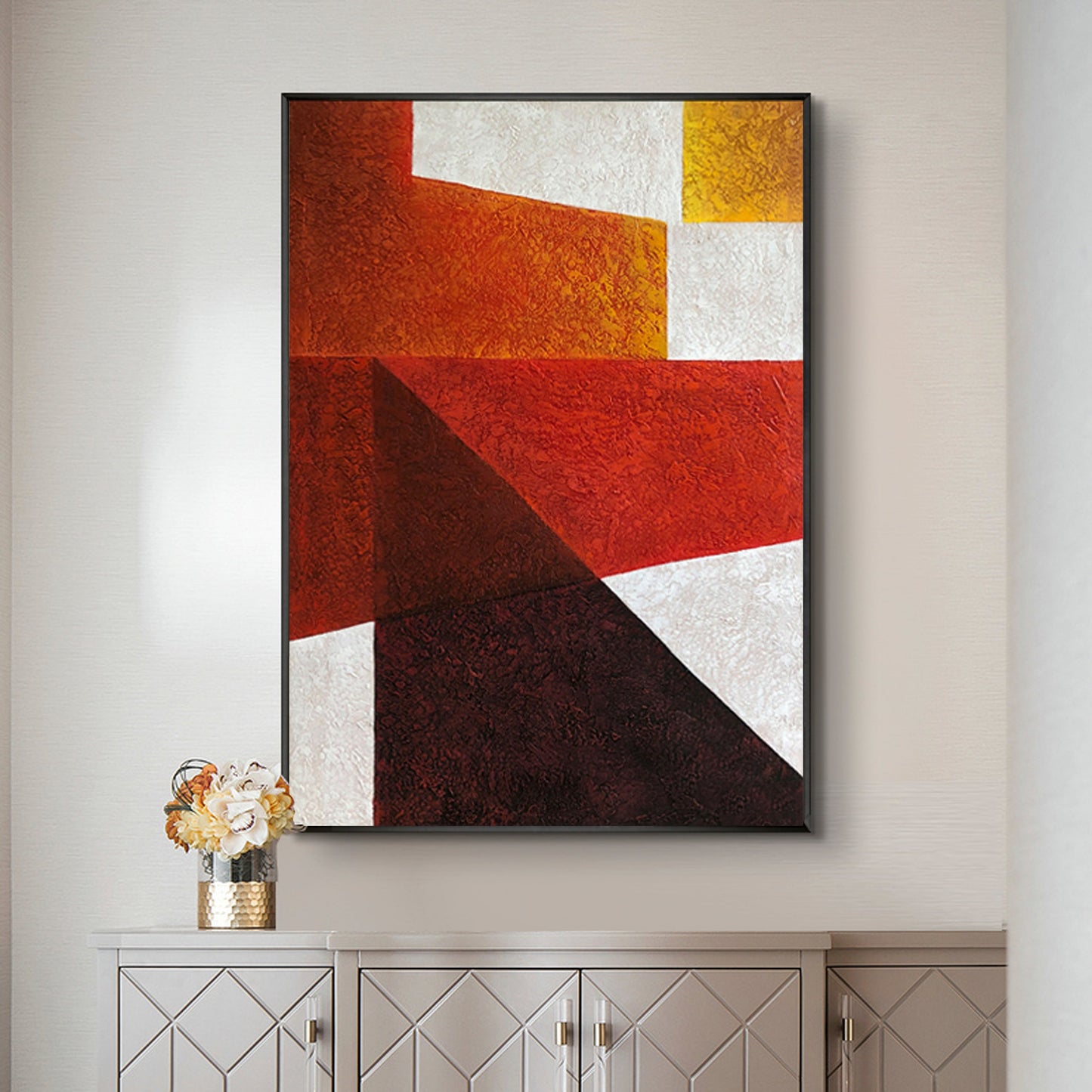 Vibrant Abstract Oil Painting with Geometric Shapes and Rich Color Palette