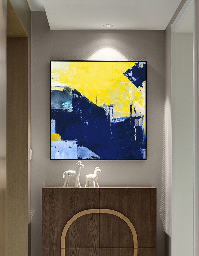 Vibrant Blue and Yellow Abstract Oil Painting for Modern Home Decor