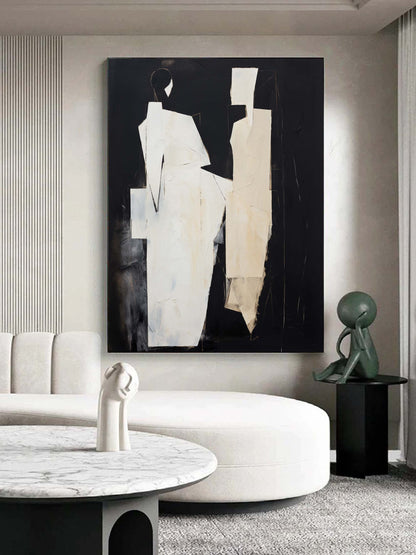 Abstract Black and White Minimalist Oil Painting for Modern Home Decor