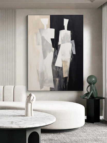 Abstract Black and White Minimalist Oil Painting for Modern Home Decor