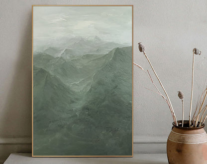 Serene Green Mountain Landscape Oil Painting for Modern Home Decor