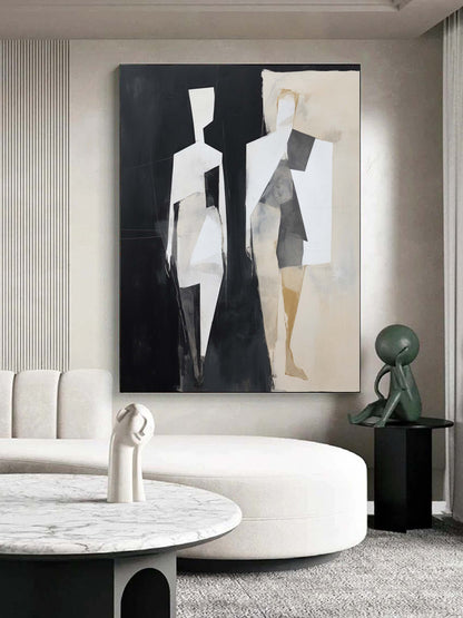 Abstract Minimalist Oil Painting of Elegant Human Forms in Black and White